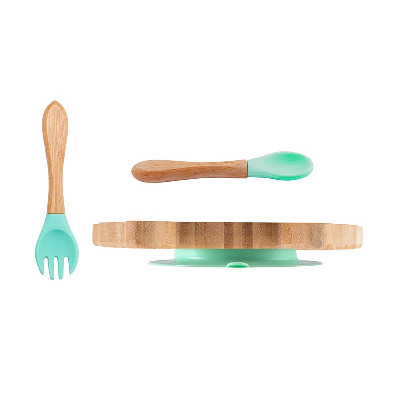 Suction Back Wooden Baby Plate with Spoon and Fork